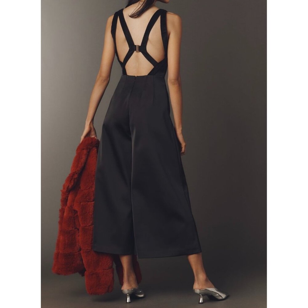 Anthropologie Black Satin Wide-Leg Jumpsuit Size 8 - Picture 2 of 5